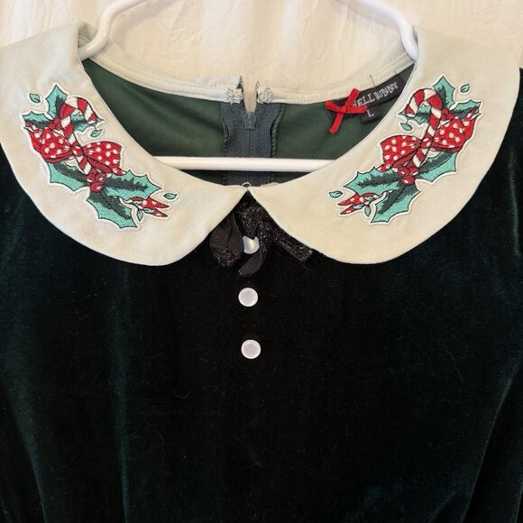 Hell Bunny Dress Size L Holiday Green Velvet Rockabilly Holly Collar Christmas - Picture 10 of 11